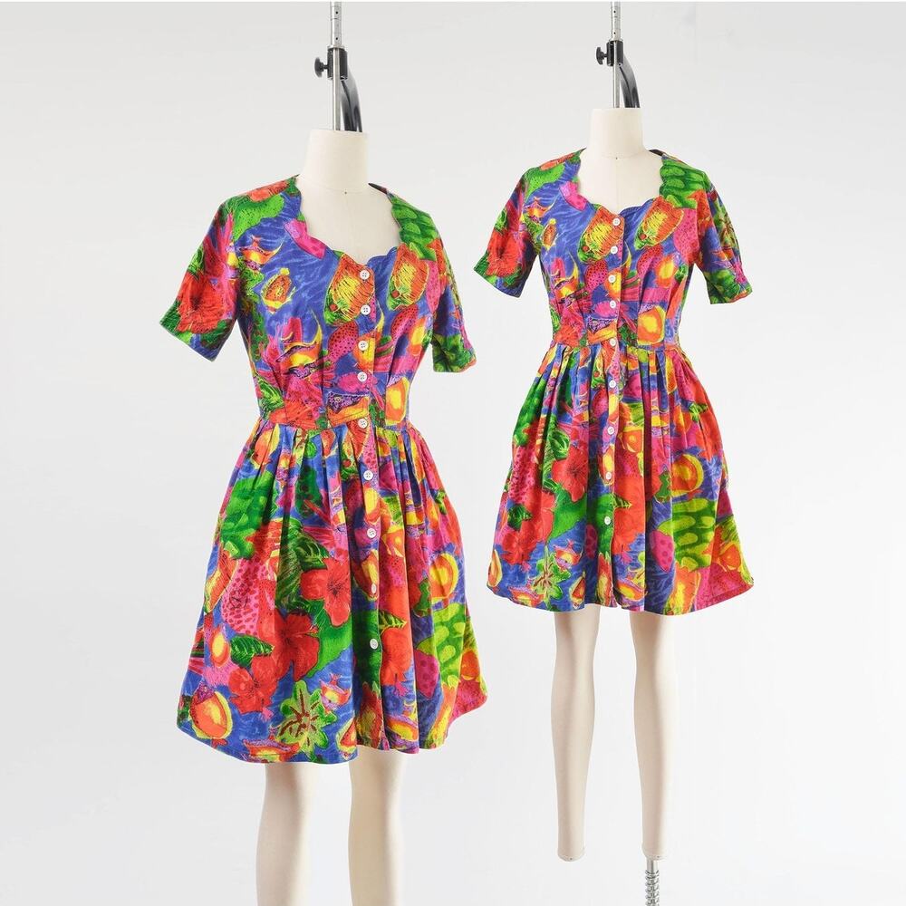 Vintage 90s Colorful Fish Print Cotton Dress with Pockets size XS